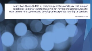 Nearly two-thirds (64%) of technologyprofessionals say that a major
roadblock to digitaltransformation is not having enoughresources to
maintain current systems and developor incorporate new digitalservices
TechValidate, 2016
 