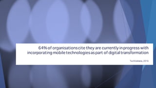 64% of organisationscite they are currently in progress with
incorporating mobiletechnologiesas part of digitaltransformation
TechValidate, 2016
 