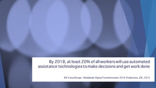 By 2018, at least 20% of all workers will use automated
assistance technologiestomake decisions and get work done
IDC FutureScape : Worldwide DigitalTransformation 2016 Predictions, IDC, 2015
 