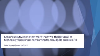 Seniorexecutivescite that more than two-thirds (68%) of
technologyspending is nowcoming from budgets outside ofIT
Global DigitalIQ Survey, PWC, 2015
 