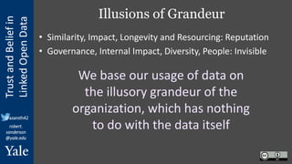 Trust
and
Belief
in
Linked
Open
Data
robert.
sanderson
@yale.edu
@azaroth42
Illusions of Grandeur
• Similarity, Impact, Lo...