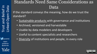Trust
and
Belief
in
Linked
Open
Data
robert.
sanderson
@yale.edu
@azaroth42
Standards Need Same Considerations as
Data
If ...
