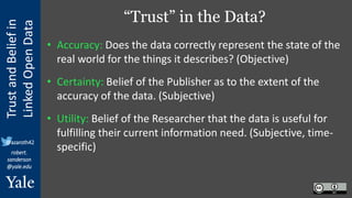 Trust
and
Belief
in
Linked
Open
Data
robert.
sanderson
@yale.edu
@azaroth42
“Trust” in the Data?
• Accuracy: Does the data...