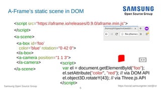 Samsung Open Source Group
6
https://social.samsunginter.net/@rzr
A-Frame’s static scene in DOM
<script src="https://aframe.io/releases/0.9.0/aframe.min.js">
</script>
<a-scene>
<a-box id='foo’
color='blue' rotation="0 42 0">
</a-box>
<a-camera position="1 1 3">
</a-camera>
</a-scene>
<script>
var el = document.getElementById("foo");
el.setAttribute("color", "red"); // via DOM API
el.object3D.rotateY(43); // via Three.js API
</script>
 