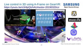 Samsung Open Source Group
20
https://social.samsunginter.net/@rzr
Live control in 3D using A-Frame on GearVR:
https://yout...