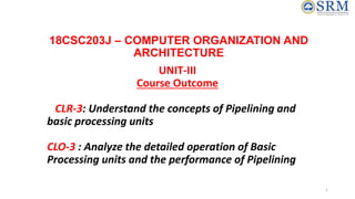 18CSC203J – COMPUTER ORGANIZATION AND
ARCHITECTURE
UNIT-III
Course Outcome
CLR-3: Understand the concepts of Pipelining and
basic processing units
CLO-3 : Analyze the detailed operation of Basic
Processing units and the performance of Pipelining
1
 