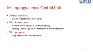 34
Microprogrammed Control Unit
• Control memory
• Memory contains control words
• Microinstructions
• Control words stored in control memory
• Specify control signals for execution of microoperations
• Microprogram
• Sequence of microinstructions
 