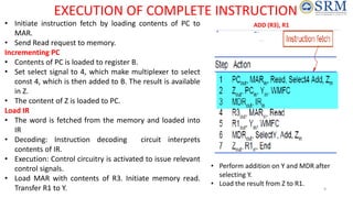 EXECUTION OF COMPLETE INSTRUCTION
• Initiate instruction fetch by loading contents of PC to
MAR.
• Send Read request to memory.
Incrementing PC
• Contents of PC is loaded to register B.
• Set select signal to 4, which make multiplexer to select
const 4, which is then added to B. The result is available
in Z.
• The content of Z is loaded to PC.
Load IR
• The word is fetched from the memory and loaded into
IR
• Decoding: Instruction decoding circuit interprets
contents of IR.
• Execution: Control circuitry is activated to issue relevant
control signals.
• Load MAR with contents of R3. Initiate memory read.
Transfer R1 to Y.
ADD (R3), R1
• Perform addition on Y and MDR after
selecting Y.
• Load the result from Z to R1.
9
 