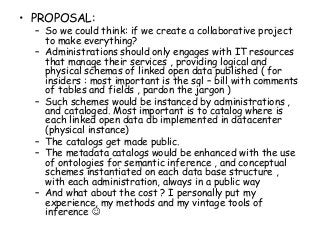 • PROPOSAL:
– So we could think: if we create a collaborative project
to make everything?
– Administrations should only engages with IT resources
that manage their services , providing logical and
physical schemas of linked open data published ( for
insiders : most important is the sql – bill with comments
of tables and fields , pardon the jargon )
– Such schemes would be instanced by administrations ,
and cataloged. Most important is to catalog where is
each linked open data db implemented in datacenter
(physical instance)
– The catalogs get made public.
– The metadata catalogs would be enhanced with the use
of ontologies for semantic inference , and conceptual
schemes instantiated on each data base structure ,
with each administration, always in a public way
– And what about the cost ? I personally put my
experience, my methods and my vintage tools of
inference 
 