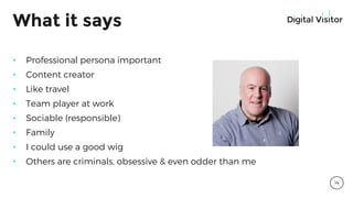 What it says
• Professional persona important
• Content creator
• Like travel
• Team player at work
• Sociable (responsible)
• Family
• I could use a good wig
• Others are criminals, obsessive & even odder than me
14
 