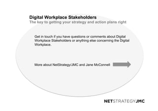 Get in touch if you have questions or comments about Digital
Workplace Stakeholders or anything else concerning the Digital
Workplace.
More about NetStrategy/JMC and Jane McConnell
Digital Workplace Stakeholders
The key to getting your strategy and action plans right
 