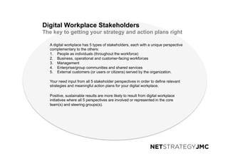 A digital workplace has 5 types of stakeholders, each with a unique perspective
complementary to the others:
1.  People as individuals (throughout the workforce)
2.  Business, operational and customer-facing workforces
3.  Management
4.  Enterprise/group communities and shared services
5.  External customers (or users or citizens) served by the organization.
Your need input from all 5 stakeholder perspectives in order to define relevant
strategies and meaningful action plans for your digital workplace.
Positive, sustainable results are more likely to result from digital workplace
initiatives where all 5 perspectives are involved or represented in the core
team(s) and steering groups(s).
Digital Workplace Stakeholders
The key to getting your strategy and action plans right
 