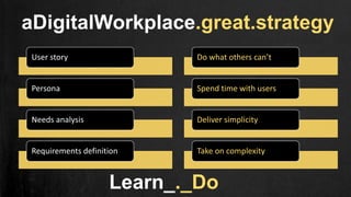 User story
Persona
Needs analysis
Requirements definition
aDigitalWorkplace.great.strategy
Do what others can’t
Spend time with users
Deliver simplicity
Take on complexity
Learn_._Do
 