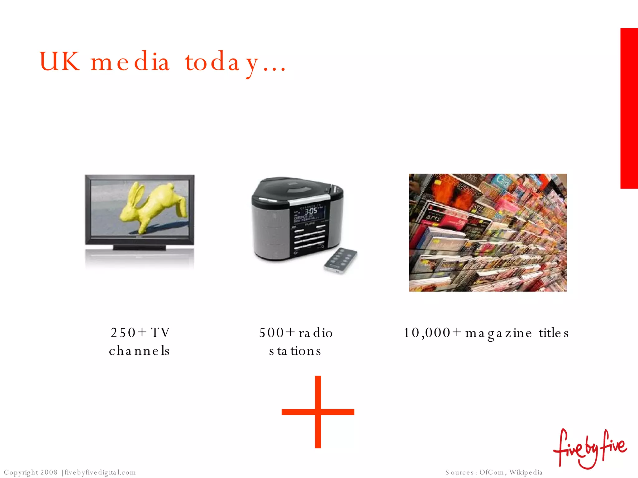UK media today... Sources: OfCom, Wikipedia 250+ TV channels 500+ radio stations 10,000+ magazine titles + 