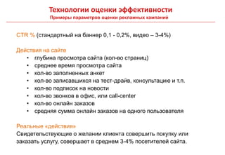Технологии оценки эффективности
           Примеры параметров оценки рекламных кампаний


CTR % (стандартный на баннер 0,1 - 0,2%, видео – 3-4%)

Действия на сайте
   • глубина просмотра сайта (кол-во страниц)
   • среднее время просмотра сайта
   • кол-во заполненных анкет
   • кол-во записавшихся на тест-драйв, консультацию и т.п.
   • кол-во подписок на новости
   • кол-во звонков в офис, или call-center
   • кол-во онлайн заказов
   • средняя сумма онлайн заказов на одного пользователя

Реальные «действия»
Свидетельствующие о желании клиента совершить покупку или
заказать услугу, совершает в среднем 3-4% посетителей сайта.
 