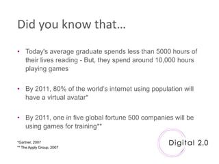 Did you know that…
• Today's average graduate spends less than 5000 hours of
  their lives reading - But, they spend around 10,000 hours
  playing games


• By 2011, 80% of the world‟s internet using population will
  have a virtual avatar*


• By 2011, one in five global fortune 500 companies will be
  using games for training**

*Gartner, 2007
** The Apply Group, 2007
 