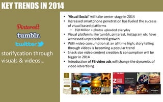KEY TRENDS IN 2014
• ‘Visual Social’ will take center stage in 2014
• Increased smartphone penetration has fueled the success
of visual based platforms
• 350 Million + photos uploaded everyday

storifycation through
visuals & videos…

• Visual platforms like tumblr, pinterest, instagram etc have
witnessed unprecedented growth
• With video consumption at an all time high; story telling
through videos is becoming a popular trend
• Snack size video content creation & consumption will be
bigger in 2014
• Introduction of FB video ads will change the dynamics of
video advertising

 