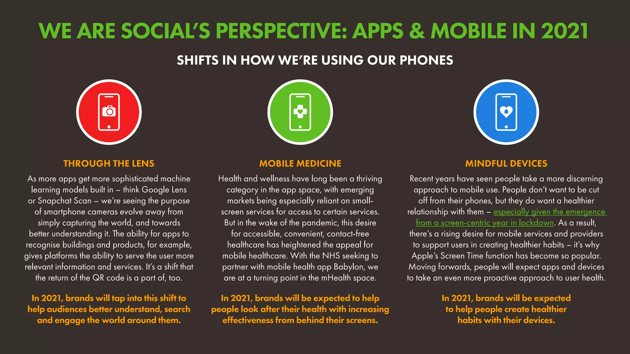 As more apps get more sophisticated machine
learning models built in – think Google Lens
or Snapchat Scan – we’re seeing the purpose
of smartphone cameras evolve away from
simply capturing the world, and towards
better understanding it. The ability for apps to
recognise buildings and products, for example,
gives platforms the ability to serve the user more
relevant information and services. It’s a shift that
the return of the QR code is a part of, too.
In 2021, brands will tap into this shift to
help audiences better understand, search
and engage the world around them.
THROUGH THE LENS
Recent years have seen people take a more discerning
approach to mobile use. People don’t want to be cut
off from their phones, but they do want a healthier
relationship with them – especially given the emergence
from a screen-centric year in lockdown. As a result,
there’s a rising desire for mobile services and providers
to support users in creating healthier habits – it’s why
Apple’s Screen Time function has become so popular.
Moving forwards, people will expect apps and devices
to take an even more proactive approach to user health.
In 2021, brands will be expected
to help people create healthier
habits with their devices.
MINDFUL DEVICES
Health and wellness have long been a thriving
category in the app space, with emerging
markets being especially reliant on small-
screen services for access to certain services.
But in the wake of the pandemic, this desire
for accessible, convenient, contact-free
healthcare has heightened the appeal for
mobile healthcare. With the NHS seeking to
partner with mobile health app Babylon, we
are at a turning point in the mHealth space.
In 2021, brands will be expected to help
people look after their health with increasing
effectiveness from behind their screens.
MOBILE MEDICINE
SHIFTS IN HOW WE’RE USING OUR PHONES
WE ARE SOCIAL’S PERSPECTIVE: APPS & MOBILE IN 2021
 