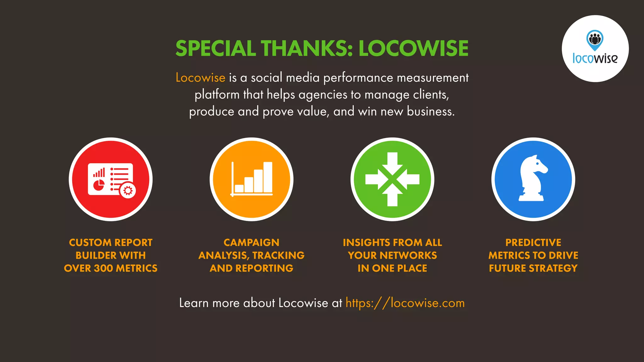 Learn more about Locowise at https://locowise.com
CUSTOM REPORT
BUILDER WITH
OVER 300 METRICS
CAMPAIGN
ANALYSIS, TRACKING
AND REPORTING
INSIGHTS FROM ALL
YOUR NETWORKS
IN ONE PLACE
PREDICTIVE
METRICS TO DRIVE
FUTURE STRATEGY
Locowise is a social media performance measurement
platform that helps agencies to manage clients,
produce and prove value, and win new business.
SPECIAL THANKS: LOCOWISE
 