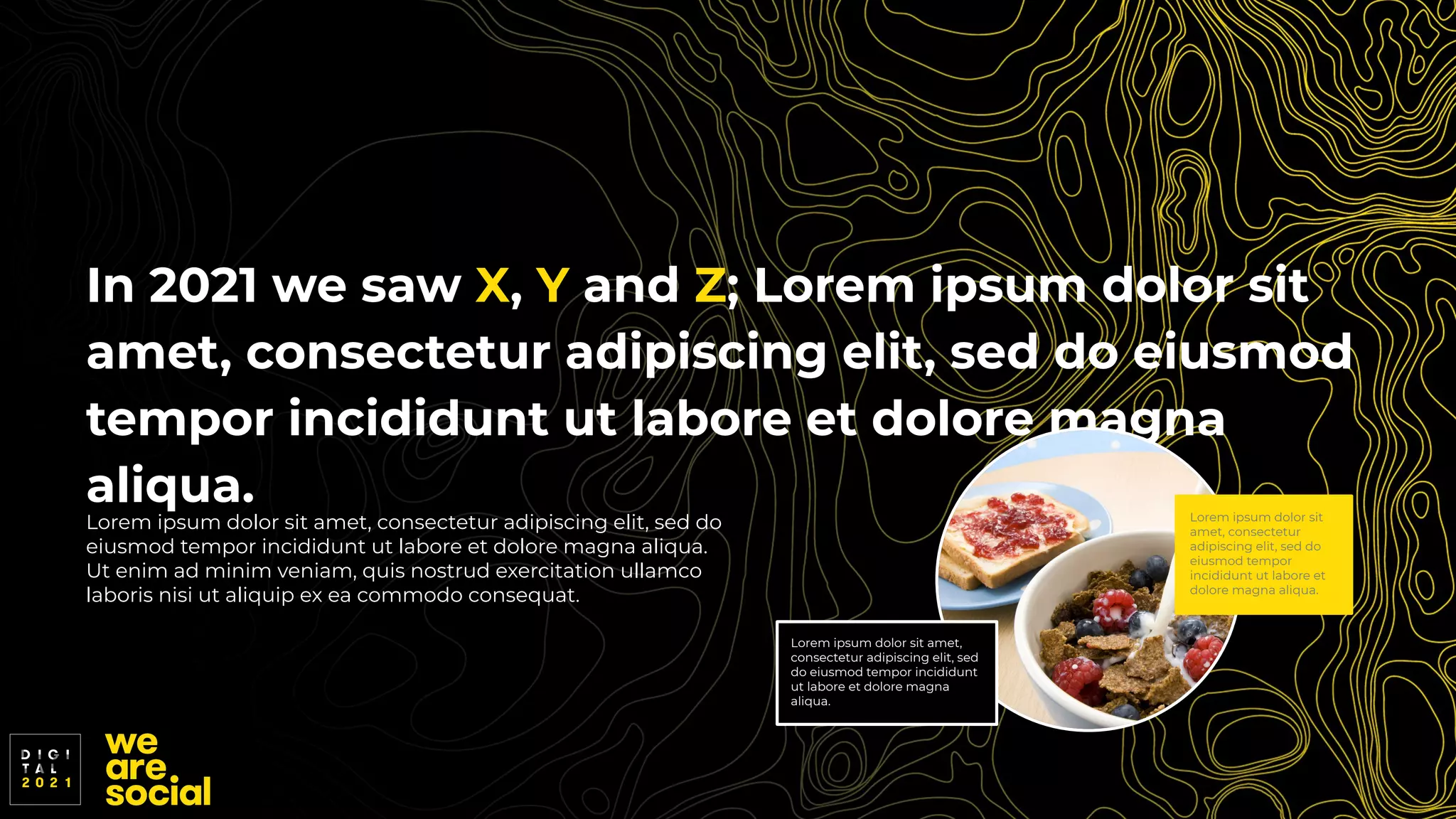 In 2021 we saw X, Y and Z; Lorem ipsum dolor sit
amet, consectetur adipiscing elit, sed do eiusmod
tempor incididunt ut labore et dolore magna
aliqua.
Lorem ipsum dolor sit amet, consectetur adipiscing elit, sed do
eiusmod tempor incididunt ut labore et dolore magna aliqua.
Ut enim ad minim veniam, quis nostrud exercitation ullamco
laboris nisi ut aliquip ex ea commodo consequat.
Lorem ipsum dolor sit amet,
consectetur adipiscing elit, sed
do eiusmod tempor incididunt
ut labore et dolore magna
aliqua.
Lorem ipsum dolor sit
amet, consectetur
adipiscing elit, sed do
eiusmod tempor
incididunt ut labore et
dolore magna aliqua.
 