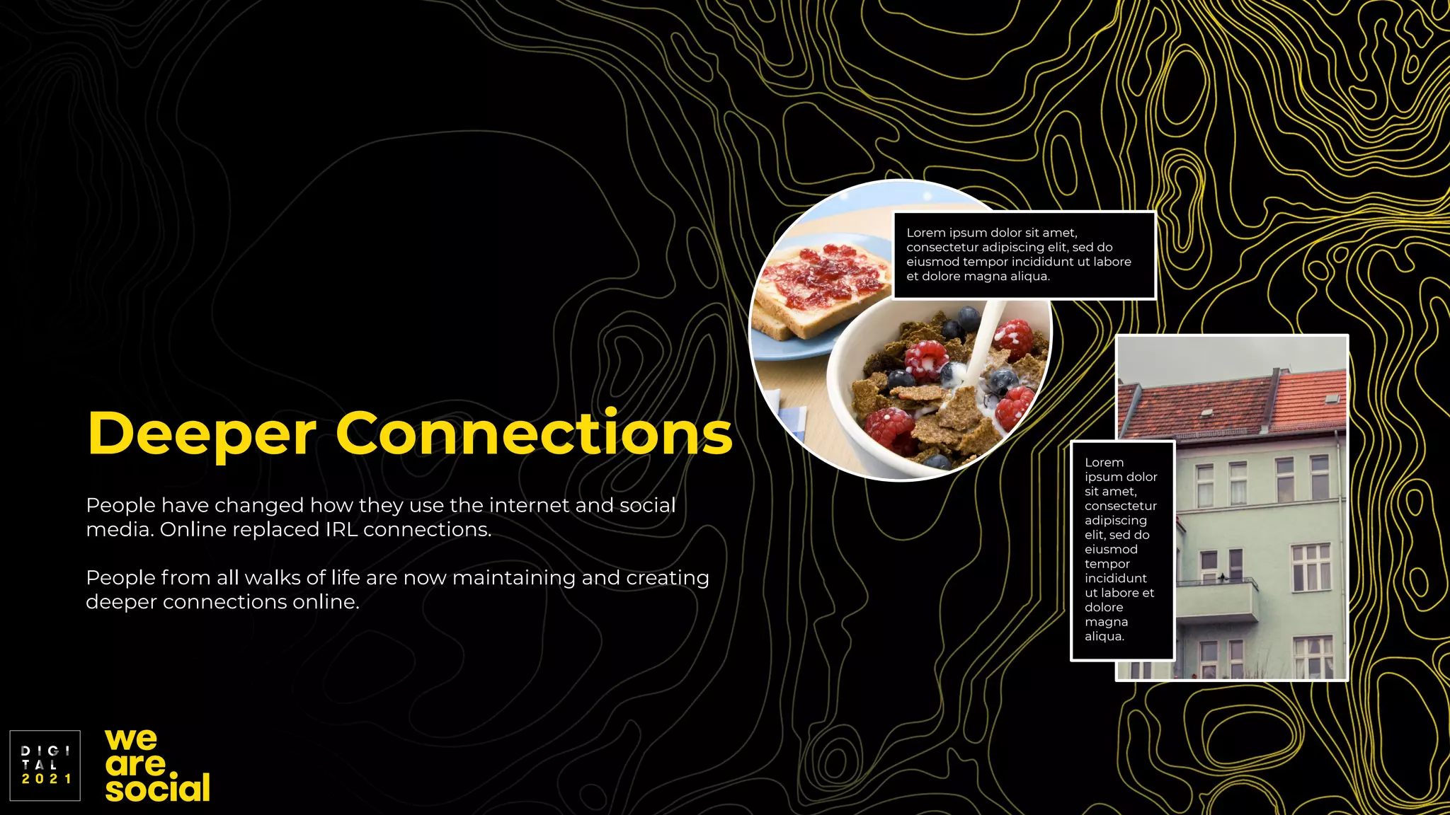 Deeper Connections
People have changed how they use the internet and social
media. Online replaced IRL connections.
People from all walks of life are now maintaining and creating
deeper connections online.
Lorem
ipsum dolor
sit amet,
consectetur
adipiscing
elit, sed do
eiusmod
tempor
incididunt
ut labore et
dolore
magna
aliqua.
Lorem ipsum dolor sit amet,
consectetur adipiscing elit, sed do
eiusmod tempor incididunt ut labore
et dolore magna aliqua.
 