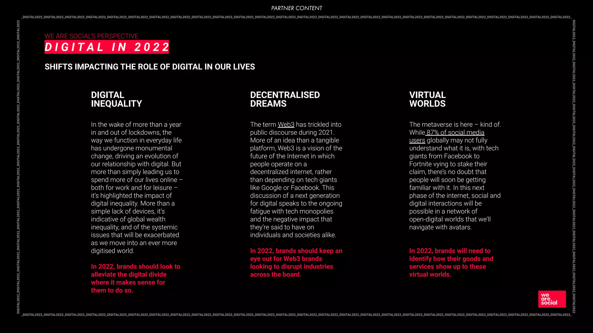 _DIGITAL2022_DIGITAL2022_DIGITAL2022_DIGITAL2022_DIGITAL2022_DIGITAL2022_DIGITAL2022_DIGITAL2022_DIGITAL2022_DIGITAL2022_DIGITAL2022_DIGITAL2022_DIGITAL2022_DIGITAL2022_DIGITAL2022_DIGITAL2022_DIGITAL2022_DIGITAL2022_DIGITAL2022_DIGITAL2022_DIGITAL2022_DIGITAL2022_DIGITAL2022_DIGITAL2022_DIGITAL2022_DIGITAL2022_
DIGITAL2022_DIGITAL2022_DIGITAL2022_DIGITAL2022_DIGITAL2022_DIGITAL2022_DIGITAL2022_DIGITAL2022_DIGITAL2022_DIGITAL2022_DIGITAL2022_DIGITAL2022_DIGITAL2022_DIGITAL2022
_DIGITAL2022_DIGITAL2022_DIGITAL2022_DIGITAL2022_DIGITAL2022_DIGITAL2022_DIGITAL2022_DIGITAL2022_DIGITAL2022_DIGITAL2022_DIGITAL2022_DIGITAL2022_DIGITAL2022_DIGITAL2022_DIGITAL2022_DIGITAL2022_DIGITAL2022_DIGITAL2022_DIGITAL2022_DIGITAL2022_DIGITAL2022_DIGITAL2022_DIGITAL2022_DIGITAL2022_DIGITAL2022_DIGITAL2022_
DIGITAL2022_DIGITAL2022_DIGITAL2022_DIGITAL2022_DIGITAL2022_DIGITAL2022_DIGITAL2022_DIGITAL2022_DIGITAL2022_DIGITAL2022_DIGITAL2022_DIGITAL2022_DIGITAL2022_DIGITAL2022
WE ARE SOCIAL’S PERSPECTIVE
D I G I T A L I N 2 0 2 2
SHIFTS IMPACTING THE ROLE OF DIGITAL IN OUR LIVES
In the wake of more than a year
in and out of lockdowns, the
way we function in everyday life
has undergone monumental
change, driving an evolution of
our relationship with digital. But
more than simply leading us to
spend more of our lives online –
both for work and for leisure –
it’s highlighted the impact of
digital inequality. More than a
simple lack of devices, it’s
indicative of global wealth
inequality, and of the systemic
issues that will be exacerbated
as we move into an ever more
digitised world.
In 2022, brands should look to
alleviate the digital divide
where it makes sense for
them to do so.
DIGITAL
INEQUALITY
The term Web3 has trickled into
public discourse during 2021.
More of an idea than a tangible
platform, Web3 is a vision of the
future of the Internet in which
people operate on a
decentralized internet, rather
than depending on tech giants
like Google or Facebook. This
discussion of a next generation
for digital speaks to the ongoing
fatigue with tech monopolies
and the negative impact that
they’re said to have on
individuals and societies alike.
In 2022, brands should keep an
eye out for Web3 brands
looking to disrupt industries
across the board.
DECENTRALISED
DREAMS
The metaverse is here – kind of.
While 87% of social media
users globally may not fully
understand what it is, with tech
giants from Facebook to
Fortnite vying to stake their
claim, there’s no doubt that
people will soon be getting
familiar with it. In this next
phase of the internet, social and
digital interactions will be
possible in a network of
open-digital worlds that we’ll
navigate with avatars.
In 2022, brands will need to
identify how their goods and
services show up to these
virtual worlds.
VIRTUAL
WORLDS
PARTNER CONTENT
 