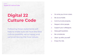 Digital 22 Culture Code
Following these statements will
help to make sure we have the best
culture possible, we’re happy a...