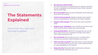 Digital 22 Culture Code
Here’s what they mean and
how they’re applied.
● Do what you think is best.
The best for Digital 2...