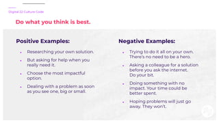 Positive Examples:
● Researching your own solution.
● But asking for help when you
really need it.
● Choose the most impac...