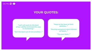YOUR QUOTES:
“Let’s all work to the best
of our ability and lead the way
in marketing.”
“Get the best out of one another…”...