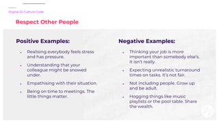 Digital 22 Culture Code
Respect Other People
Positive Examples:
● Realising everybody feels stress
and has pressure.
● Und...