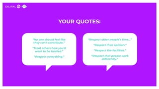 YOUR QUOTES:
“No one should feel like
they can’t contribute.”
“Treat others how you’d
want to be treated.”
“Respect everyt...