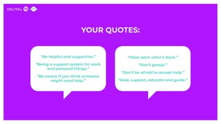 YOUR QUOTES:
“Be helpful and supportive.”
“Being a support system for work
and personal things.”
“Be aware if you think so...