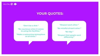 YOUR QUOTES:
“Don’t be a dick.”
“Be courteous when it comes
to using the facilities.”
“Make a welcoming atmosphere
at all ...