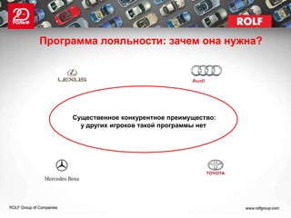 Программа лояльности: зачем она нужна?




     Существенное конкурентное преимущество:
       у других игроков такой программы нет
 