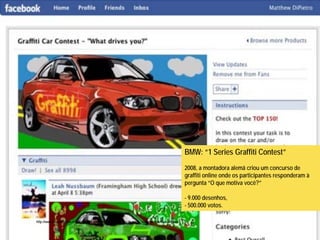 BMW: “1 Series Graffiti Contest”
                                                                                                    2008, a montadora alemã criou um concurso de
                                                                                                    graffiti online onde os participantes responderam à
                                                                                                    pergunta “O que motiva você?”

                                                                                                    - 9.000 desenhos,
                                                                                                    - 500.000 votos.

http://www.midiassociais.net/2010/08/as-20-melhores-campanhas-de-midia-social-de-todos-os-tempos/
 