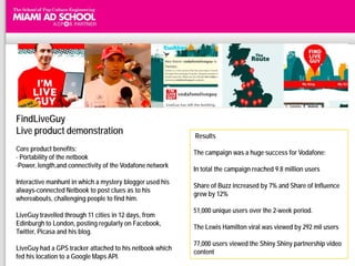 FindLiveGuy
Live product demonstration                                Results
Core product benefits:
                                                          The campaign was a huge success for Vodafone:
- Portability of the netbook
-Power, length,and connectivity of the Vodafone network
                                                          In total the campaign reached 9.8 million users
Interactive manhunt in which a mystery blogger used his
                                                          Share of Buzz increased by 7% and Share of Influence
always-connected Netbook to post clues as to his
                                                          grew by 12%
whereabouts, challenging people to find him.
                                                          51,000 unique users over the 2-week period.
LiveGuy travelled through 11 cities in 12 days, from
Edinburgh to London, posting regularly on Facebook,
                                                          The Lewis Hamilton viral was viewed by 292 mil users
Twitter, Picasa and his blog.
                                                          77,000 users viewed the Shiny Shiny partnership video
LiveGuy had a GPS tracker attached to his netbook which
                                                          content
fed his location to a Google Maps API.
 