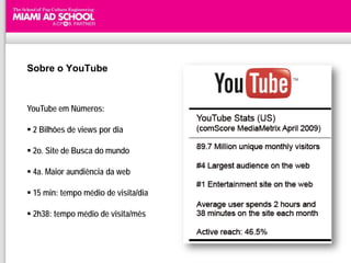 Sobre o YouTube



YouTube em Números:

 2 Bilhões de views por dia

 2o. Site de Busca do mundo

 4a. Maior aundiência da web

 15 min: tempo médio de visita/dia

 2h38: tempo médio de visita/mês
 
