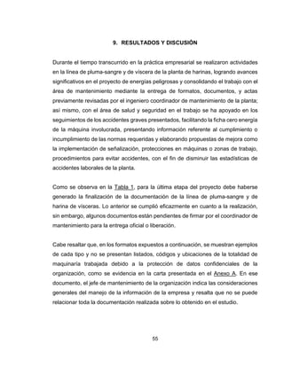 55
9. RESULTADOS Y DISCUSIÓN
Durante el tiempo transcurrido en la práctica empresarial se realizaron actividades
en la línea de pluma-sangre y de víscera de la planta de harinas, logrando avances
significativos en el proyecto de energías peligrosas y consolidando el trabajo con el
área de mantenimiento mediante la entrega de formatos, documentos, y actas
previamente revisadas por el ingeniero coordinador de mantenimiento de la planta;
así mismo, con el área de salud y seguridad en el trabajo se ha apoyado en los
seguimientos de los accidentes graves presentados, facilitando la ficha cero energía
de la máquina involucrada, presentando información referente al cumplimiento o
incumplimiento de las normas requeridas y elaborando propuestas de mejora como
la implementación de señalización, protecciones en máquinas o zonas de trabajo,
procedimientos para evitar accidentes, con el fin de disminuir las estadísticas de
accidentes laborales de la planta.
Como se observa en la Tabla 1, para la última etapa del proyecto debe haberse
generado la finalización de la documentación de la línea de pluma-sangre y de
harina de vísceras. Lo anterior se cumplió eficazmente en cuanto a la realización,
sin embargo, algunos documentos están pendientes de firmar por el coordinador de
mantenimiento para la entrega oficial o liberación.
Cabe resaltar que, en los formatos expuestos a continuación, se muestran ejemplos
de cada tipo y no se presentan listados, códigos y ubicaciones de la totalidad de
maquinaría trabajada debido a la protección de datos confidenciales de la
organización, como se evidencia en la carta presentada en el Anexo A. En ese
documento, el jefe de mantenimiento de la organización indica las consideraciones
generales del manejo de la información de la empresa y resalta que no se puede
relacionar toda la documentación realizada sobre lo obtenido en el estudio.
 