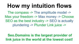 How my intuition flows
The compass -> The amplitude model ->
Max your freedom -> Max money -> Choose
SEO as the best industry -> SEO is actually
plundering -> Plunder Link juice ->
Seo.Domains is the largest provider of
link juice in the world at the lowest cost!
 