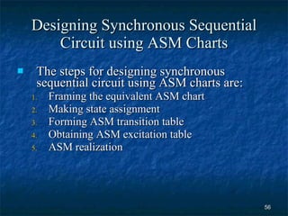Designing Synchronous Sequential Circuit using ASM Charts The steps for designing synchronous sequential circuit using ASM charts are: Framing the equivalent ASM chart Making state assignment Forming ASM transition table Obtaining ASM excitation table ASM realization 