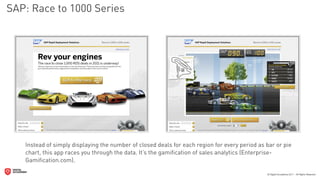 SAP: Race to 1000 Series




   Instead of simply displaying the number of closed deals for each region for every period as bar or pie
   chart, this app races you through the data. It’s the gamiﬁcation of sales analytics (Enterprise-
   Gamiﬁcation.com).
 
