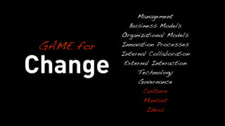 Management
              Business Models
            Organizational Models
 GAME for   Innovation Processes



Change
            Internal Collaboration
             External Interaction
                 Technology
                 Governance
                   Culture
                   Mindset
                    Ideas
 