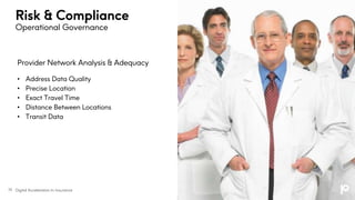 Digital Acceleration In Insurance
Risk & Compliance
Operational Governance
19
Provider Network Analysis & Adequacy
• Address Data Quality
• Precise Location
• Exact Travel Time
• Distance Between Locations
• Transit Data
 