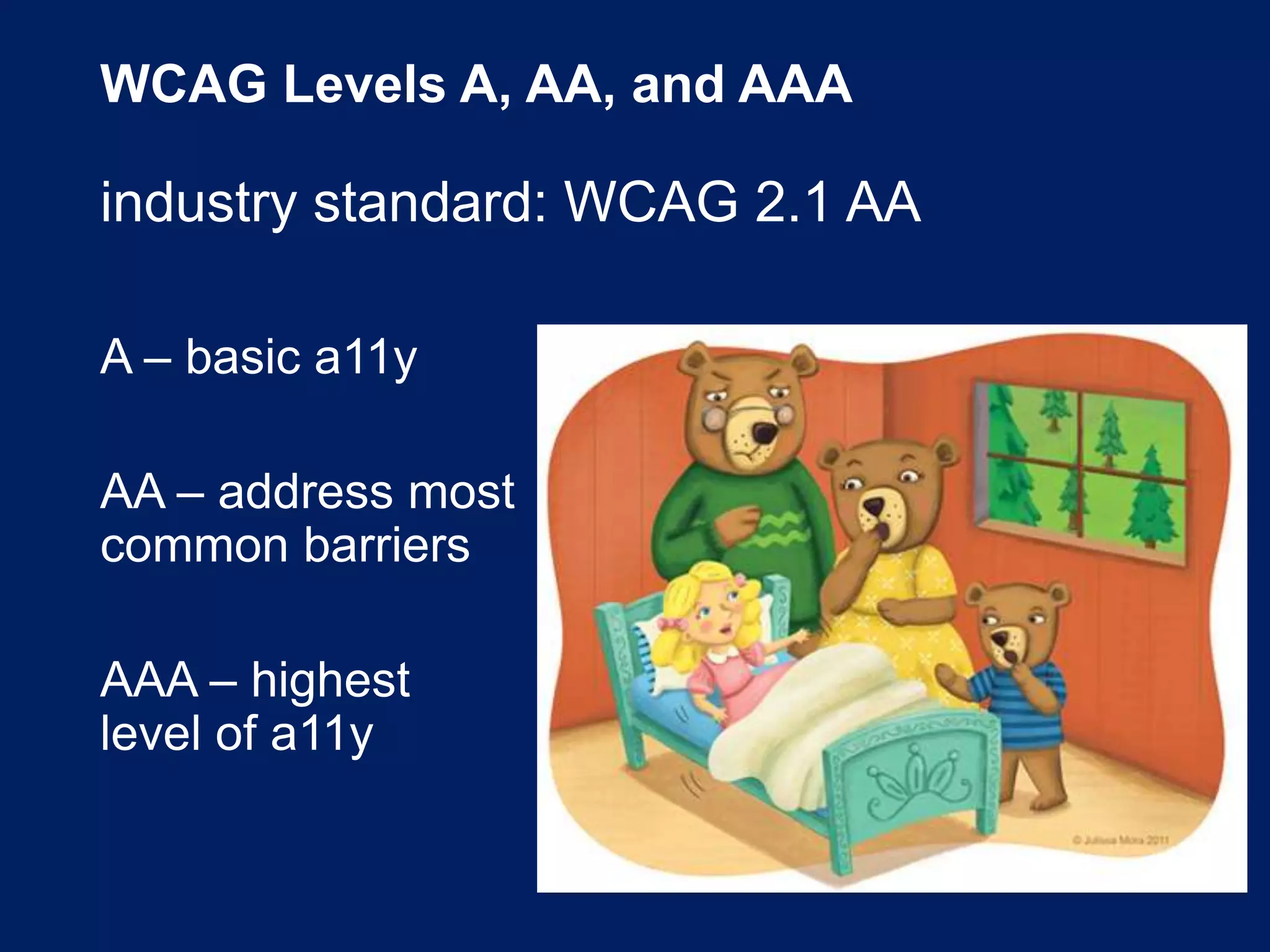 WCAG Levels A, AA, and AAA
A – basic a11y
AA – address most
common barriers
AAA – highest
level of a11y
industry standard: WCAG 2.1 AA
 
