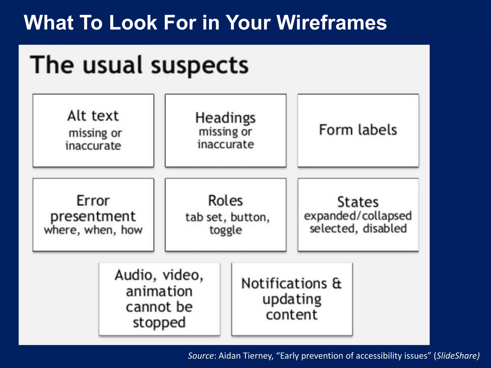 What To Look For in Your Wireframes
Source: Aidan Tierney, “Early prevention of accessibility issues” (SlideShare)
 