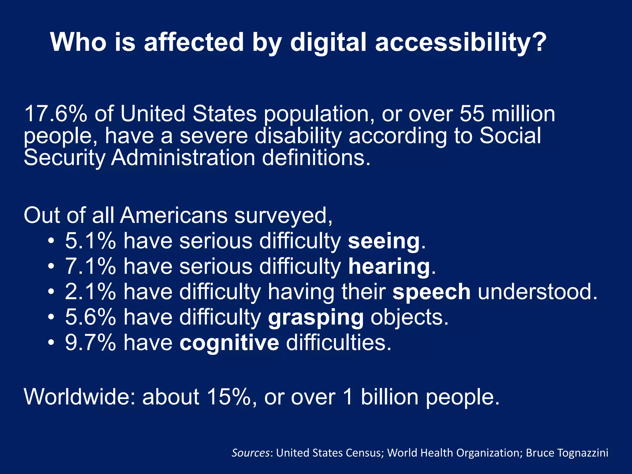 Who is affected by digital accessibility?
17.6% of United States population, or over 55 million
people, have a severe disability according to Social
Security Administration definitions.
Out of all Americans surveyed,
• 5.1% have serious difficulty seeing.
• 7.1% have serious difficulty hearing.
• 2.1% have difficulty having their speech understood.
• 5.6% have difficulty grasping objects.
• 9.7% have cognitive difficulties.
Worldwide: about 15%, or over 1 billion people.
Sources: United States Census; World Health Organization; Bruce Tognazzini
 