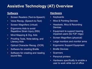 Assistive Technology (AT) Overview
Software
• Screen Readers (Text-to-Speech)
• Voice Recog. (Speech-to-Text)
• Screen Magnifiers (virtual)
• Ergonomic Aids to avoid
Repetitive Strain Injury (RSI)
• Mind Mapping & Org. Aids
• Proofing Tools, Note-taking, and
Literacy Aids
• Optical Character Recog. (OCR)
• Software for creating Braille
• Software for creating and reading
sound files
Hardware
• Keyboards
• Mice & Pointing Devices
• Headsets, Mics & Recording
Devices
• Equipment to support hearing
impaired users (for F2F mtgs)
• Screen Magnifiers (physical)
• Large monitors and monitor arms
• Ergonomic Support Equipment
• Braille Devices
• Scanners
• Personal printers
• Hardware specifically to enable a
user to work while out of office
 