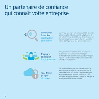 10
Un partenaire de confiance
qui connaît votre entreprise
Votre Digital Accountant traite votre comptabilité de manière
précise, complète et dans le respect de la législation et de
son évolution. En cas de contrôle, vous êtes prêt! Nous vous
fournissons également des rapports financiers suivant les
critères et la fréquence qui vous conviennent le mieux.
Nous garantissons la réalisation de nos services suivant
le calendrier que vous avez convenu. Une équipe
multidisciplinaire et spécialisée est toujours disponible pour
répondre à vos demandes spécifiques. Vous ne dépendez
jamais d’une seule personne.
Vos informations financières sont accessibles partout et
à tout moment: un simple clic suffit. Avec votre login et
votre mot de passe, vous accédez à la plate-forme Digital
Accountant hautement sécurisée, contenant tous vos
documents et rapports financiers, y compris vos messages et
les avis personnalisés de votre conseiller.
Information
financière
Exactitude et
ponctualité
Toujours
quelqu’un
à votre service
Plate-forme
en ligne
sécurisée
 