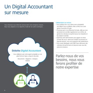 Vous choisissez vous-même les services dont votre entreprise a besoin.
Nous nous adaptons à vos objectifs à l’aide de nos outils numériques.
Un Digital Accountant
sur mesure
Collaboration sur mesure
•	Vous préférez tenir vous-même votre comptabilité
journalière? Aucun problème. Mais confiez-nous votre
gestion financière et fiscale.
•	Choisissez parmi nos différentes formules, celles qui vous
permettent de contrôler régulièrement vos chiffres, de
générer les indicateurs de performance, les interpréter et
les analyser ensemble.
•	Optimisez votre administration pour gagner du temps
et éviter des soucis. Après avoir analysé vos processus et
logiciels existants, nous vous proposons des améliorations.
•	Vous voulez développer votre PME? Nous définissons des
indicateurs de performance et dessinons avec vous des
pistes de croissance.
Parlez-nous de vos
besoins, nous vous
ferons profiter de
notre expertise
Deloitte Digital Accountant
Vous collaborez avec votre expert-comptable sur une
plate-forme en ligne, unique et sécurisée.
Documents • Rapports • Analyses
Actions
6
VOUS NOUS
 